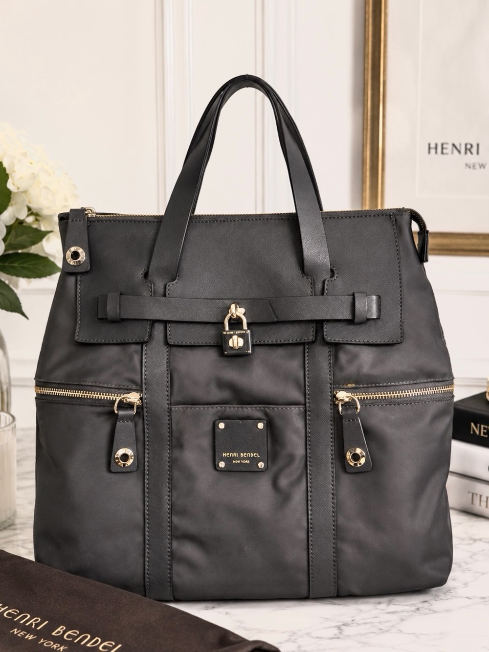 henri bendel Black Jetsetter Convertible Tote Backpack with Gold Hardware